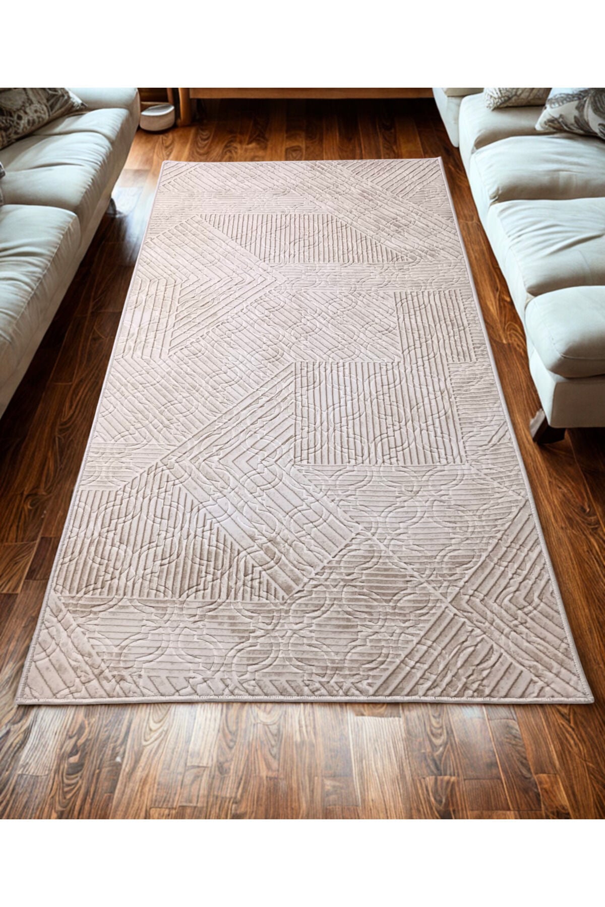 Krem Bej Renk Saçaklı Kaymaz Tabanlı Kesme Kabartmalı Salon Koridor Mutfak Halısı 100 x 230 - Krem