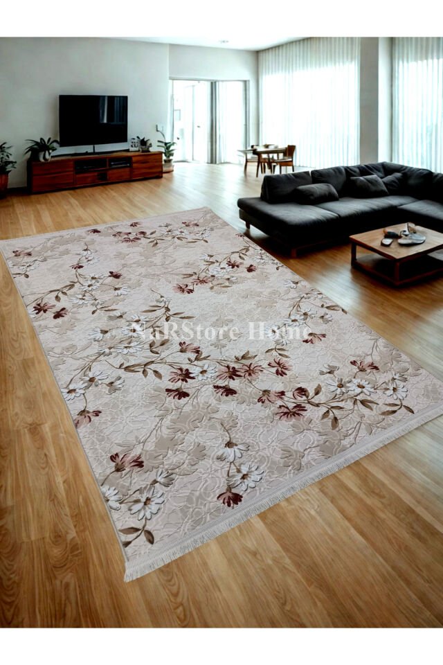 ELİT SAÇAKLI LİLA KAHVE ÇİÇEKLİ KABARTMALI KAYMAZ TABAN YIKANABİLİR KESME YOLLUK HALI Pembe - 80 X 600