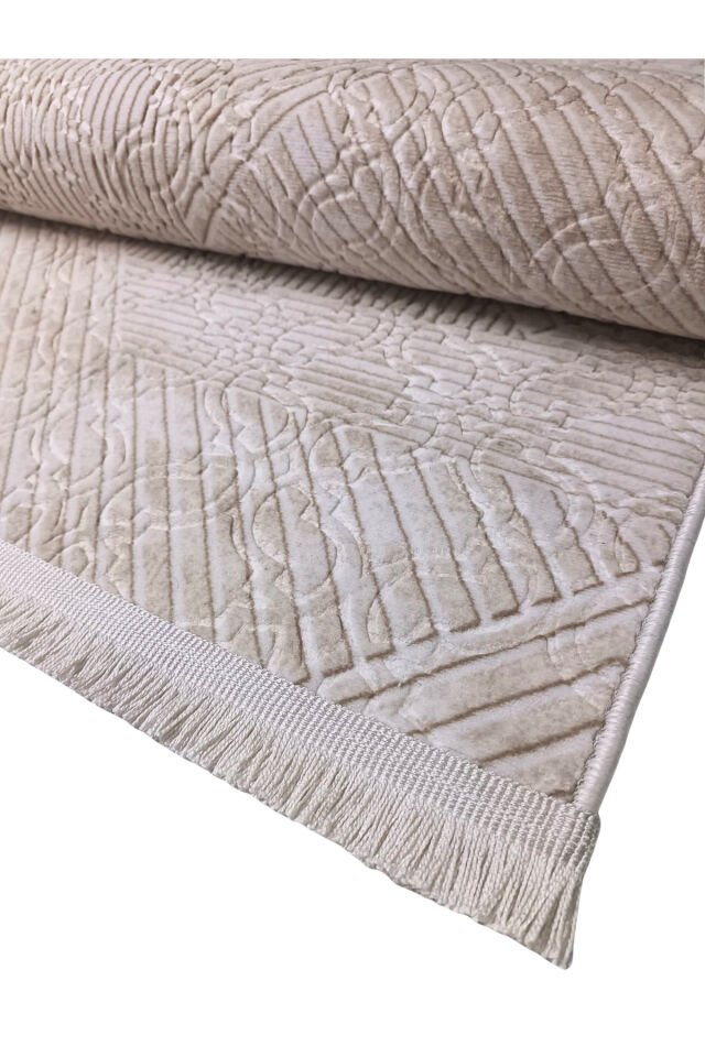 Krem Bej Renk Saçaklı Kaymaz Tabanlı Kesme Kabartmalı Salon Koridor Mutfak Halısı Bej - 80 X 700