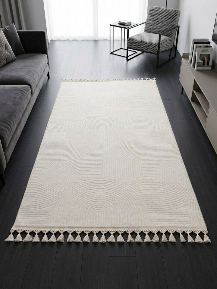 Krem Kaymaz Taban Pon Pon Saçaklı Yıkanabilir Salon Halısı Mutfak Halısı Yolluk 120 x 450 - Krem