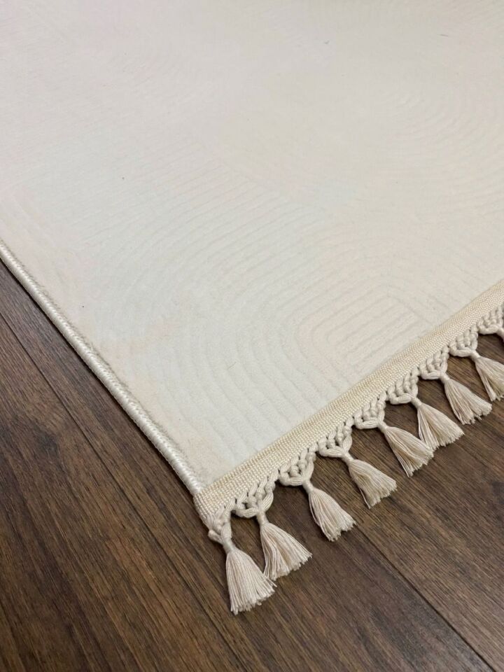 Krem Kaymaz Taban Pon Pon Saçaklı Yıkanabilir Salon Halısı Mutfak Halısı Yolluk 120 x 450 - Krem