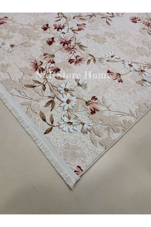 ELİT SAÇAKLI LİLA KAHVE ÇİÇEKLİ KABARTMALI KAYMAZ TABAN YIKANABİLİR KESME YOLLUK HALI Pembe - 100 X 900