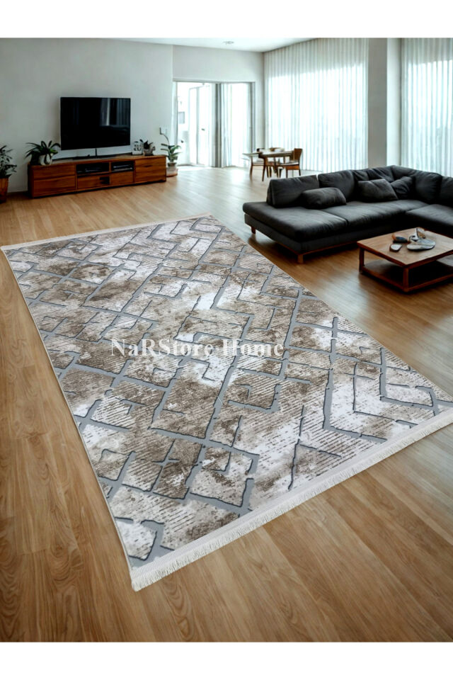 Renkli Multi Saçaklı Kaymaz Tabanlı Kesme Yıkanabilir Hali Yolluk 150 x 350 - Gri-Kahve