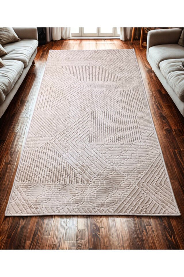 Krem Bej Renk Saçaklı Kaymaz Tabanlı Kesme Kabartmalı Salon Koridor Mutfak Halısı Krem - 100 X 900