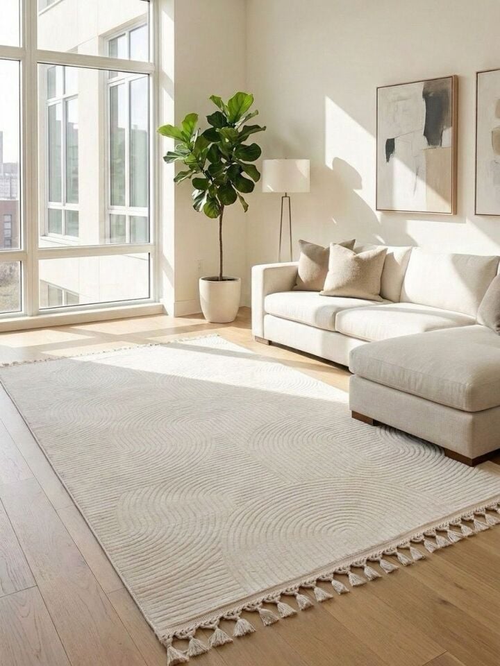 Krem Kaymaz Taban Pon Pon Saçaklı Yıkanabilir Salon Halısı Mutfak Halısı Yolluk 120 x 800 - Krem