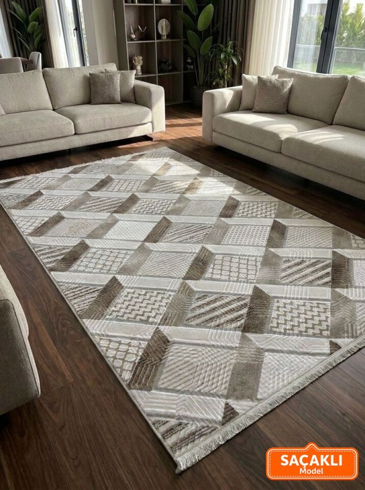 Dinar Motif Bej Kahverengi Kaymaz Taban Kesme Yolluk Halı Modern Desen