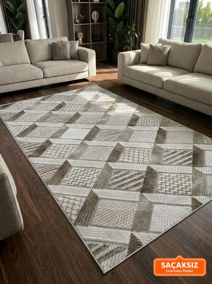 Dinar Motif Bej Kahverengi Kaymaz Taban Kesme Yolluk Halı Modern Desen
