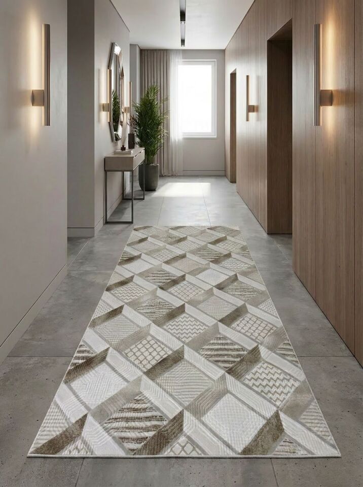 Dinar Motif Bej Kahverengi Kaymaz Taban Kesme Yolluk Halı Modern Desen