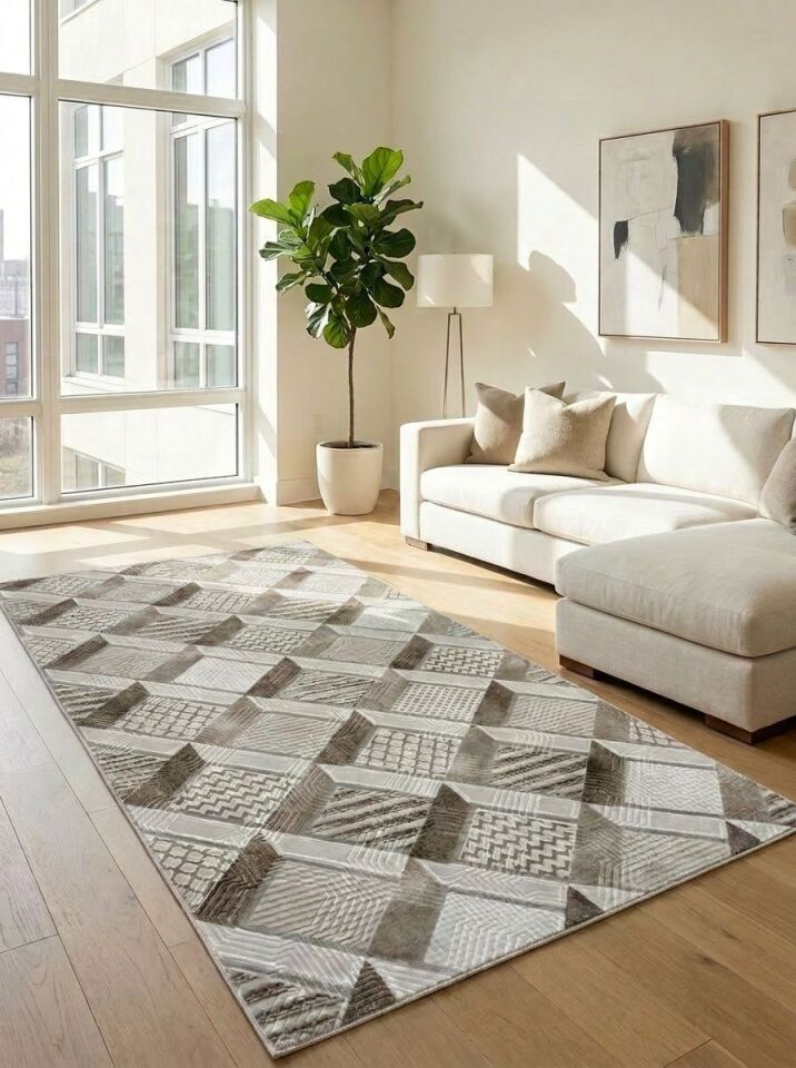 Dinar Motif Bej Kahverengi Kaymaz Taban Kesme Yolluk Halı Modern Desen