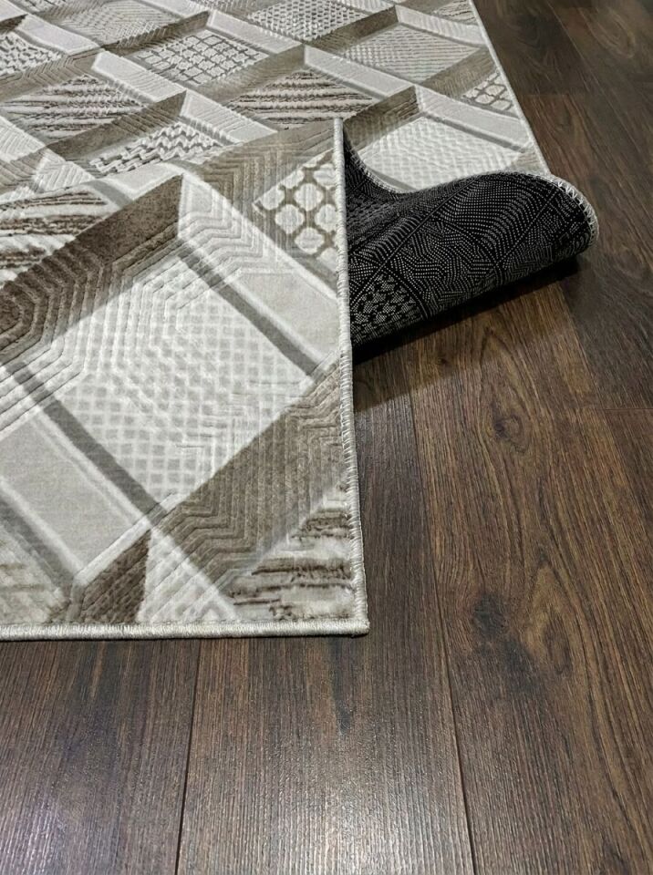 Dinar Motif Bej Kahverengi Kaymaz Taban Kesme Yolluk Halı Modern Desen