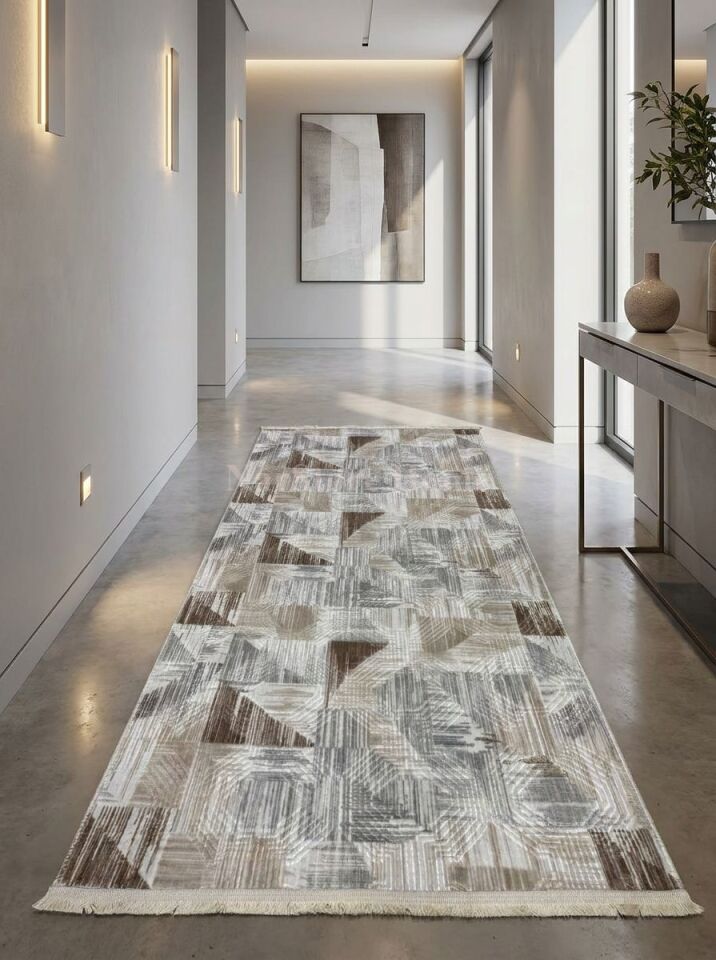 Dinar Saçaklı Gri Kahve Kaymaz Taban Yıkanabilir Kesme Yolluk Halı Modern Desen 80 x 850 - KAHVERENGİ