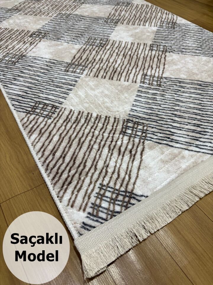 Krem Kahverengi Saçaklı Modern Kaymaz Taban Yıkanabilir Kesme Yolluk Halı