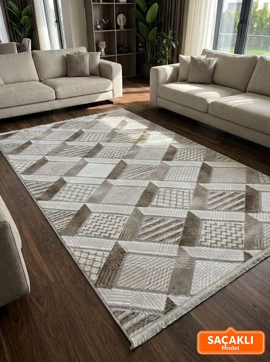 Dinar Motif Bej Kahverengi Kaymaz Taban Kesme Yolluk Halı Modern Desen 100 x 300 - BEJ
