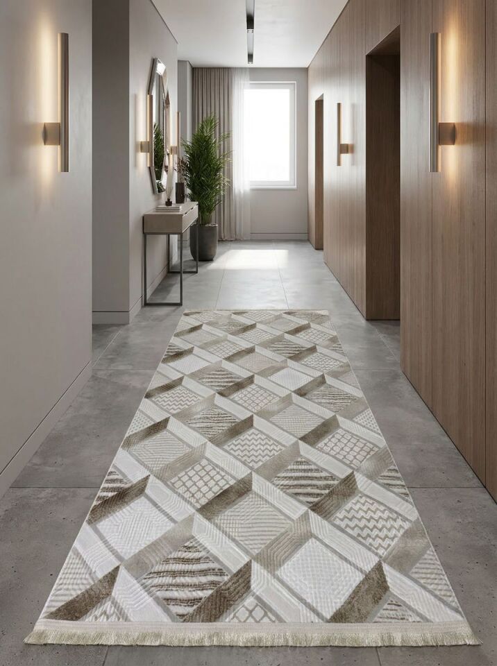Krem Bej Saçaklı Modern Yıkanabilir Kabartmalı Kaymaz Taban Kesme Halı Yolluk 80 x 750 - YEŞİL