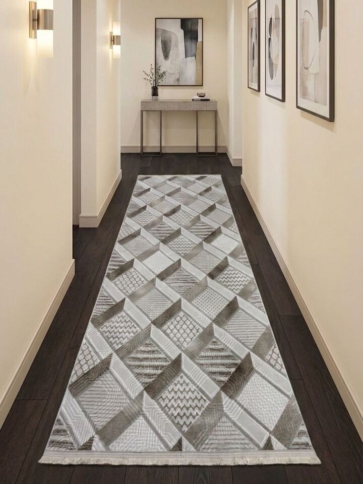 Krem Bej Saçaklı Modern Yıkanabilir Kabartmalı Kaymaz Taban Kesme Halı Yolluk 80 x 750 - YEŞİL