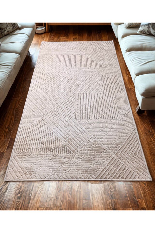 Krem Bej Renk Saçaklı Kaymaz Tabanlı Kesme Kabartmalı Salon Koridor Mutfak Halısı Krem - 80 X 400