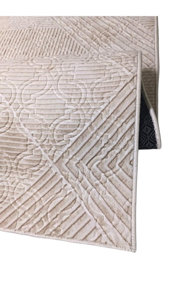 Krem Bej Renk Saçaklı Kaymaz Tabanlı Kesme Kabartmalı Salon Koridor Mutfak Halısı Krem - 80 X 400