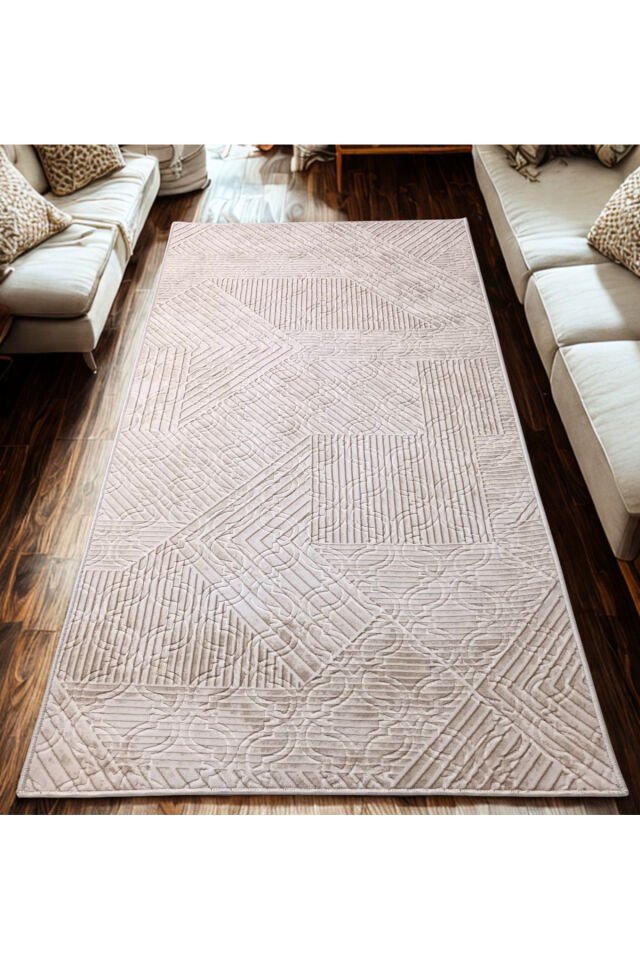 Krem Bej Renk Saçaklı Kaymaz Tabanlı Kesme Kabartmalı Salon Koridor Mutfak Halısı Krem - 80 X 400