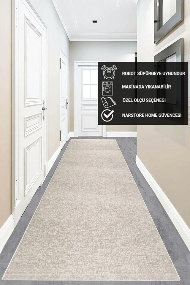 Düz Desen Gri Kaymaz Taban Kesme Yıkanabilir Halı Yolluk BEJ - 80 x 180