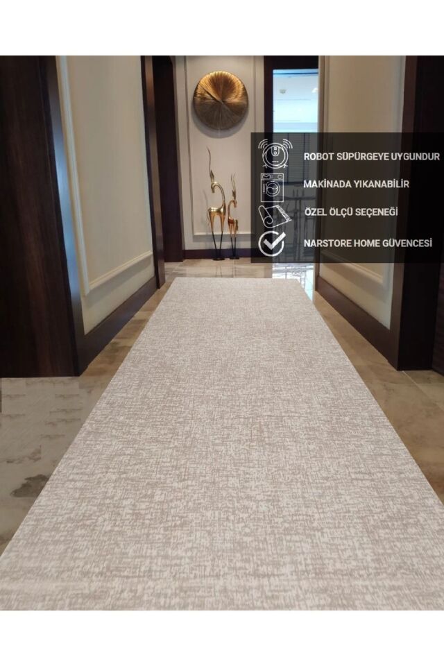 Düz Desen Gri Kaymaz Taban Kesme Yıkanabilir Halı Yolluk BEJ - 80 x 180