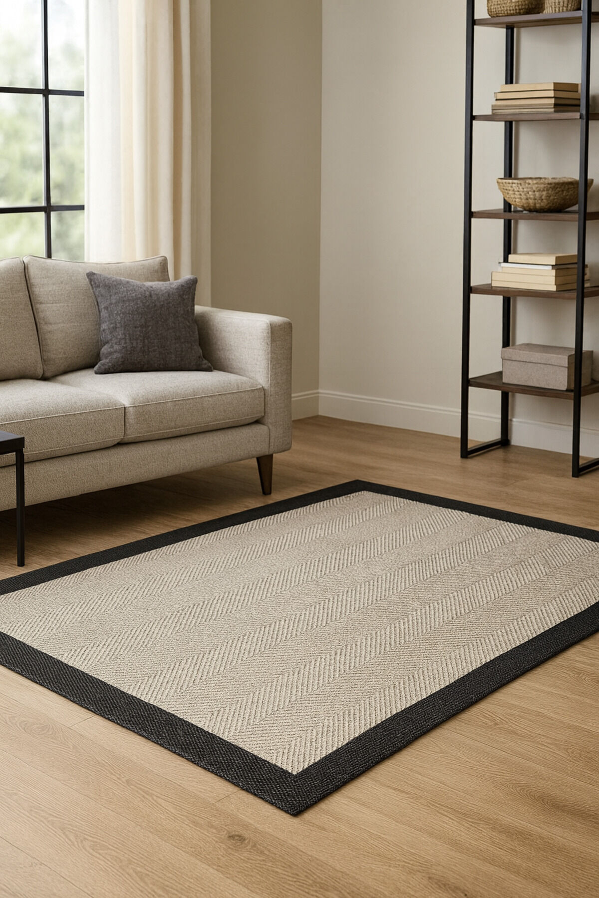 Sisal Beyaz Gri Jüt Hasır Bordürlü Model Renk Dokuma Yıkanabilir Toz Vermez Halı 120 x 180 - Siyah-Bej