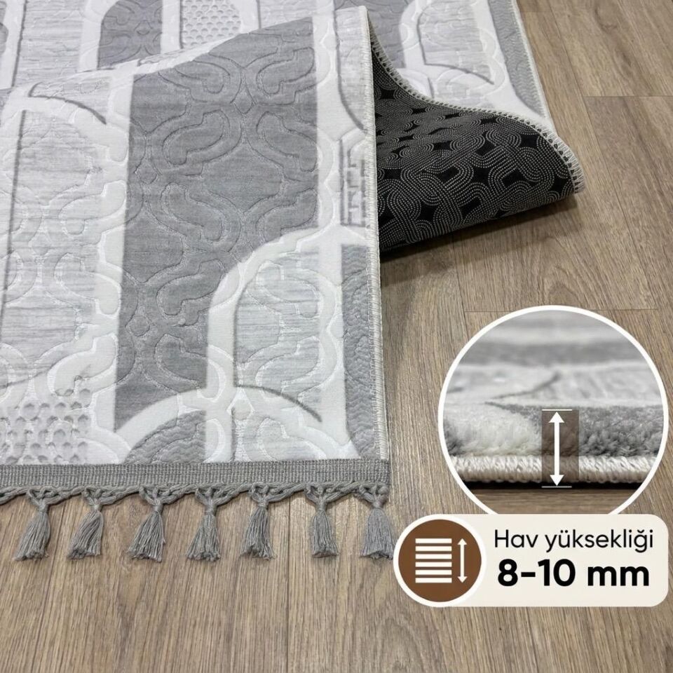 Kaymaz Taban Gri Pon Pon Örgü Saçaklı Modern Geometrik Desenli  Yıkanabilir Yolluk Halı 200 x 650 - GRİ