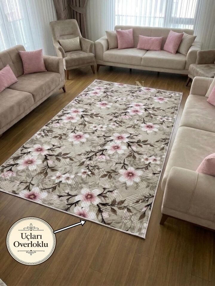 Krem Pembe Çiçekli Kabartmalı Yıkanabilir Kaymaz Taban Kesme Yolluk Salon Halısı Mutfak Halısı