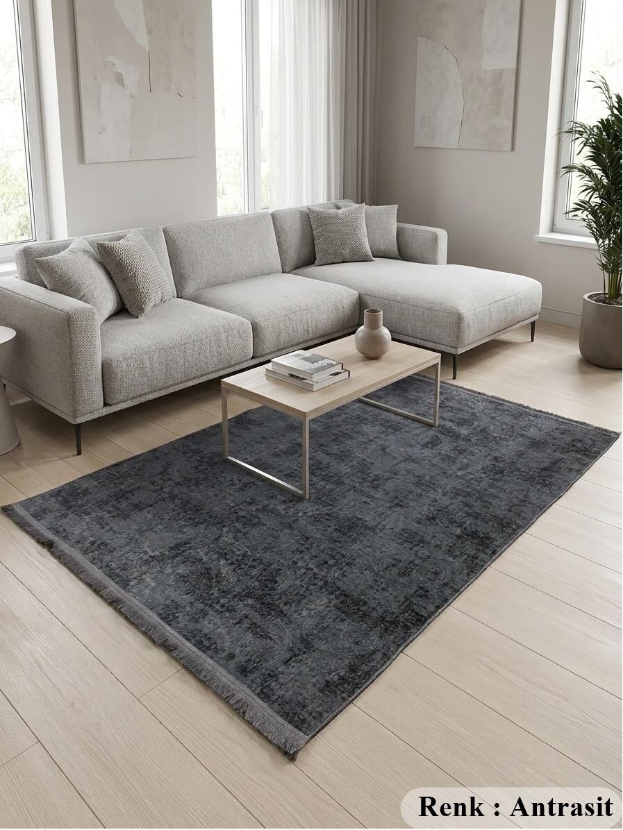 Kaymaz Tabanlı Saçaklı Yıkanabilir Leke Tutmaz Kesme Kabartmalı Salon Koridor Mutfak Halısı 150 x 275 - ANTRASİT