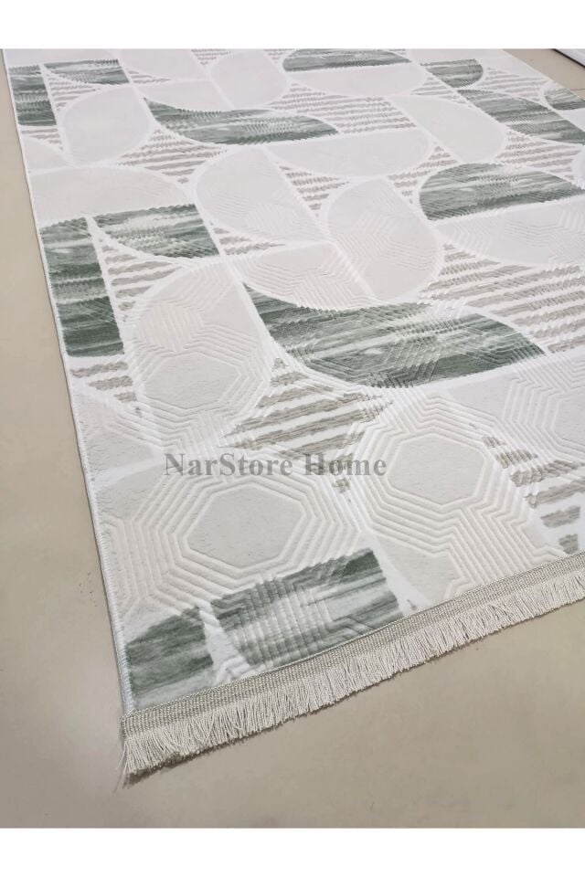 Dinar Geometrik Desen Saçaklı Yeşil Kaymaz Taban Yıkanabilir Kesme Yolluk Halı Krem - 100 X 300