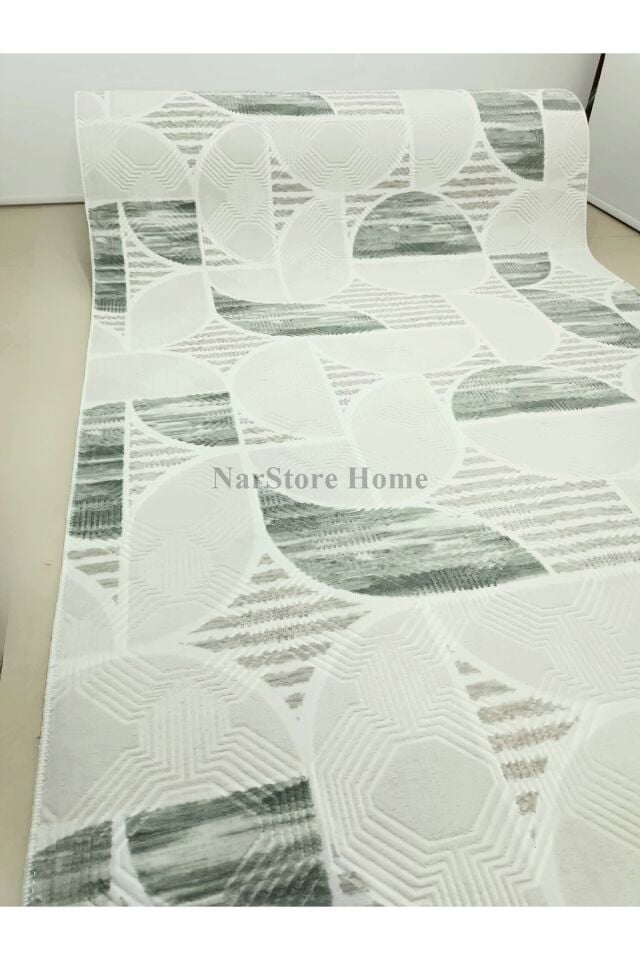 Dinar Geometrik Desen Saçaklı Yeşil Kaymaz Taban Yıkanabilir Kesme Yolluk Halı Krem - 100 X 300