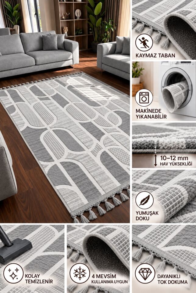 Kaymaz Taban Gri Pon Pon Örgü Saçaklı Modern Geometrik Desenli  Yıkanabilir Yolluk Halı 80 x 225 - GRİ
