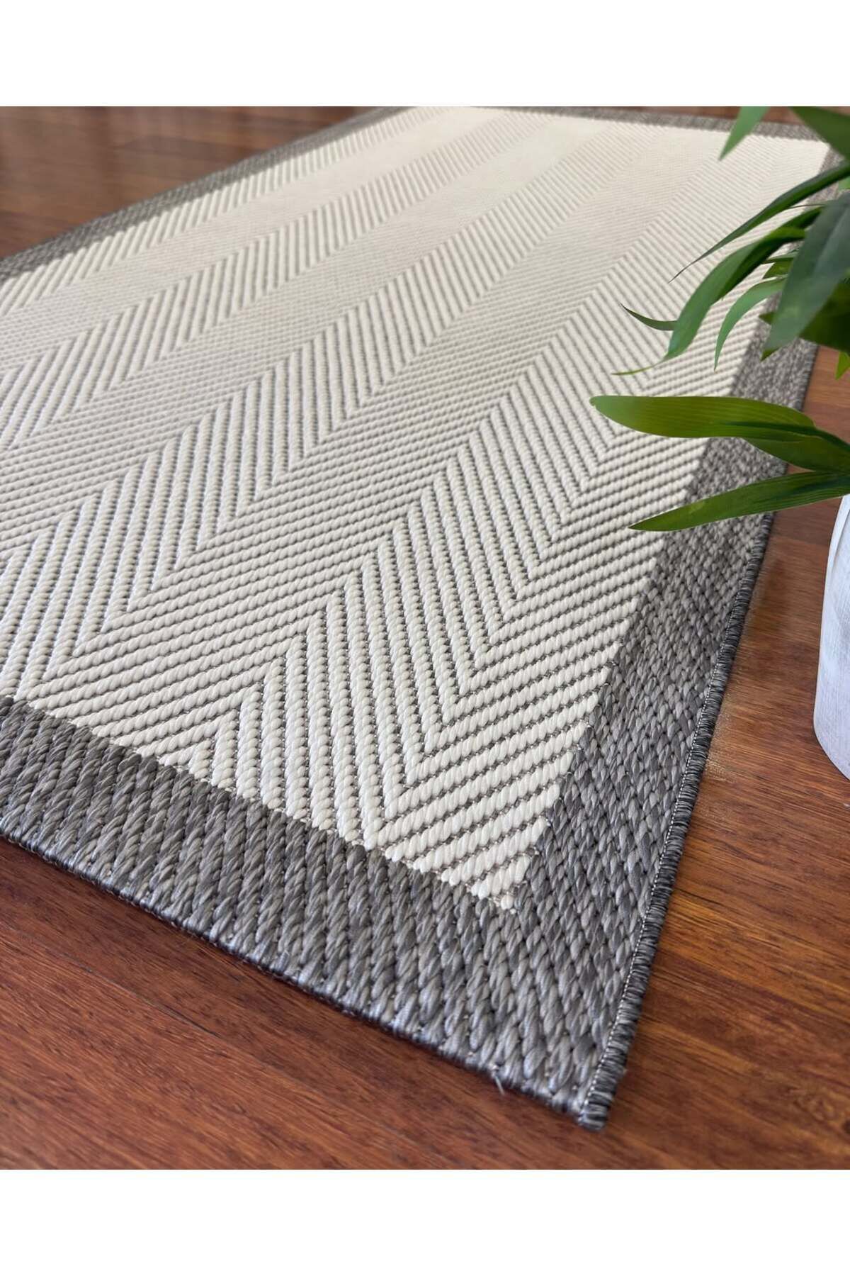 Sisal Beyaz Gri Jüt Hasır Bordürlü Model Renk Dokuma Yıkanabilir Toz Vermez Halı 160 x 230 - Gri-Beyaz