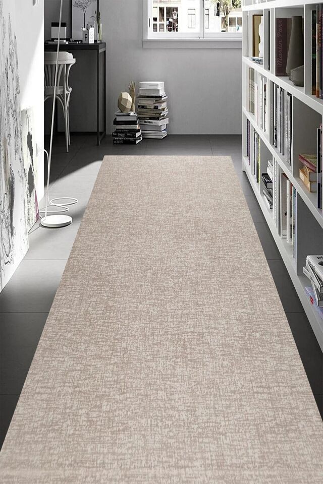 Düz Desen Gri Kaymaz Taban Kesme Yıkanabilir Halı Yolluk BEJ - 120 x 520
