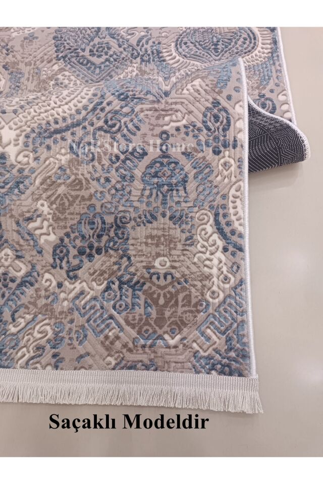 Dinar Saçaklı Diana Mavi Bej Kaymaz Taban Kesme Yolluk Halı Modern Desen 120 x 800 - Turkuaz