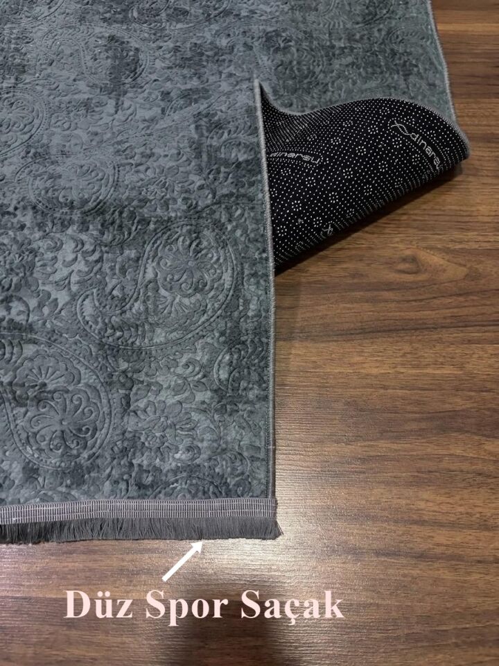 Kaymaz Tabanlı Saçaklı Yıkanabilir Leke Tutmaz Kesme Kabartmalı Salon Koridor Mutfak Halısı 150 x 900 - ANTRASİT