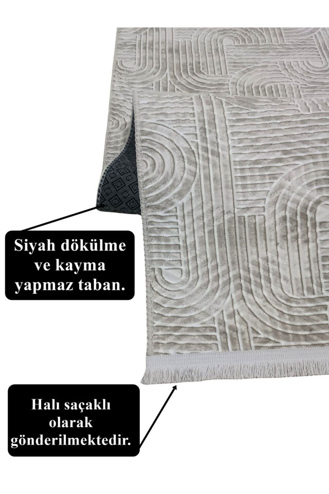KAYMAZ TABAN SAÇAKLI SMART DİAMOND GRİ KABARTMALI YIKANABİLİR KESME YOLLUK HALI 150 x 250 - Krem