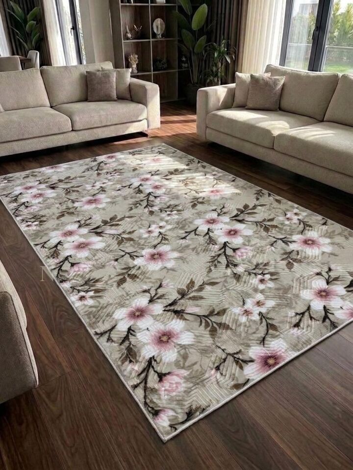 Krem Pembe Çiçekli Kabartmalı Yıkanabilir Kaymaz Taban Kesme Yolluk Salon Halısı Mutfak Halısı 80 x 325 - Pembe