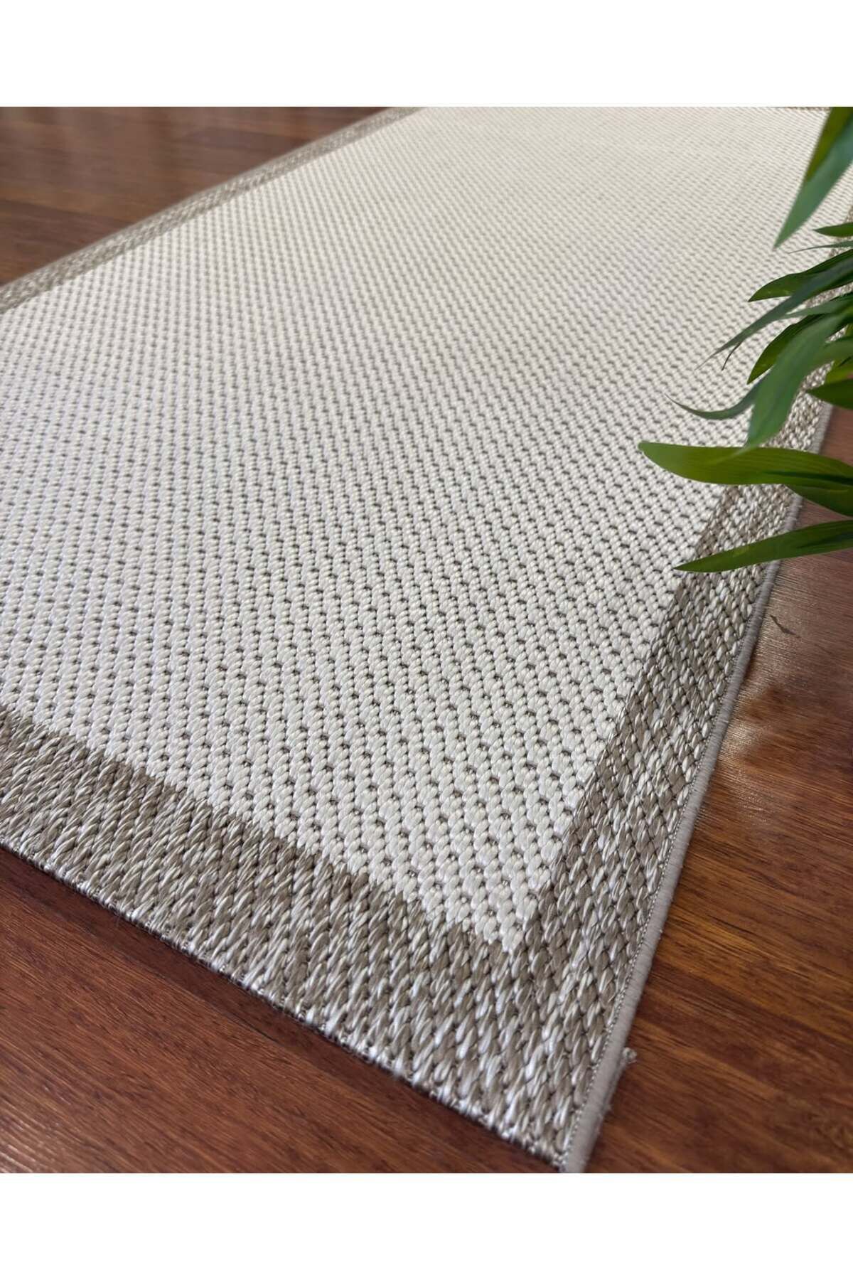 Sisal Beyaz Gri Jüt Hasır Bordürlü Model Renk Dokuma Yıkanabilir Toz Vermez Halı 160 x 230 - Krem