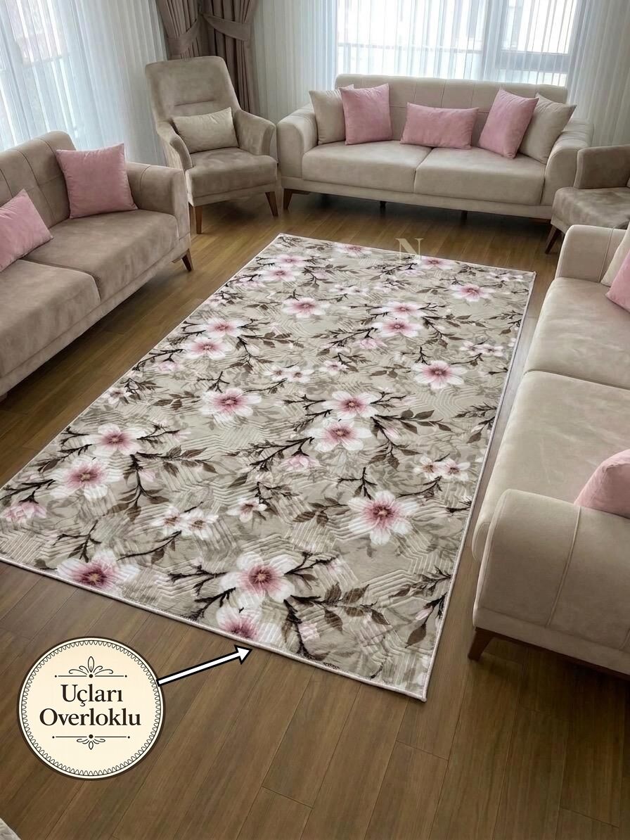 Krem Pembe Çiçekli Kabartmalı Yıkanabilir Kaymaz Taban Kesme Yolluk Salon Halısı Mutfak Halısı 80 x 375 - Pembe