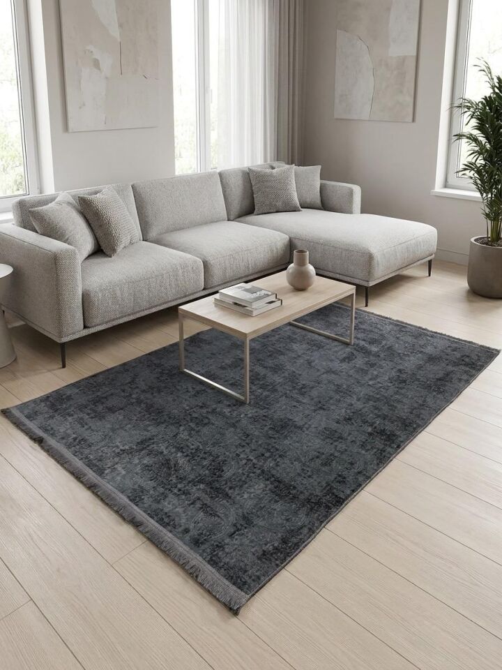 Kaymaz Tabanlı Saçaklı Yıkanabilir Leke Tutmaz Kesme Kabartmalı Salon Koridor Mutfak Halısı 200 x 550 - ANTRASİT