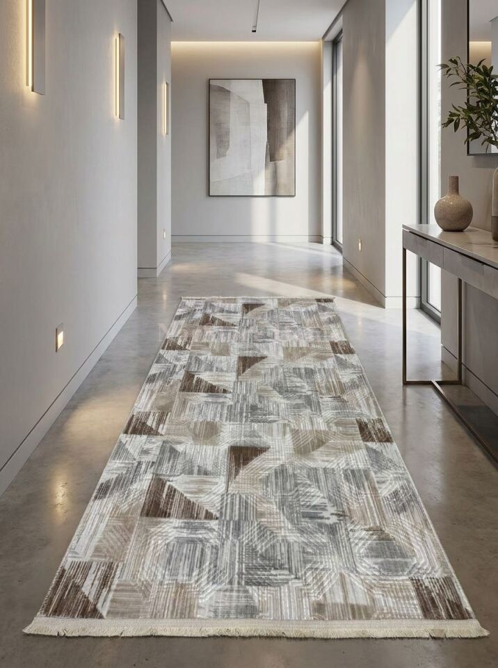 Dinar Saçaklı Gri Kahve Kaymaz Taban Yıkanabilir Kesme Yolluk Halı Modern Desen 80 x 200 - KAHVERENGİ