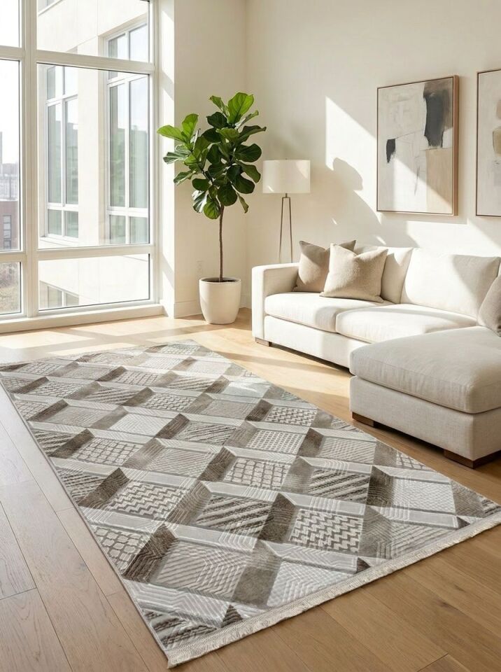 Krem Bej Saçaklı Modern Yıkanabilir Kabartmalı Kaymaz Taban Kesme Halı Yolluk 150 x 200 - YEŞİL