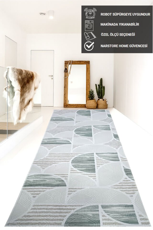 Dinar Geometrik Desen Saçaklı Yeşil Kaymaz Taban Yıkanabilir Kesme Yolluk Halı Yeşil - 100 X 400