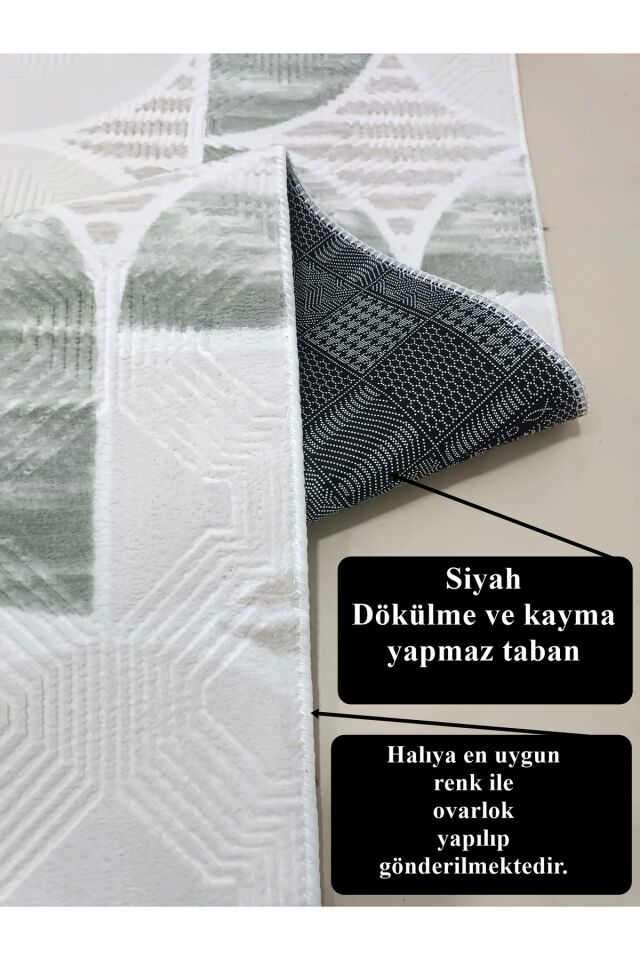 Dinar Geometrik Desen Saçaklı Yeşil Kaymaz Taban Yıkanabilir Kesme Yolluk Halı Yeşil - 100 X 400