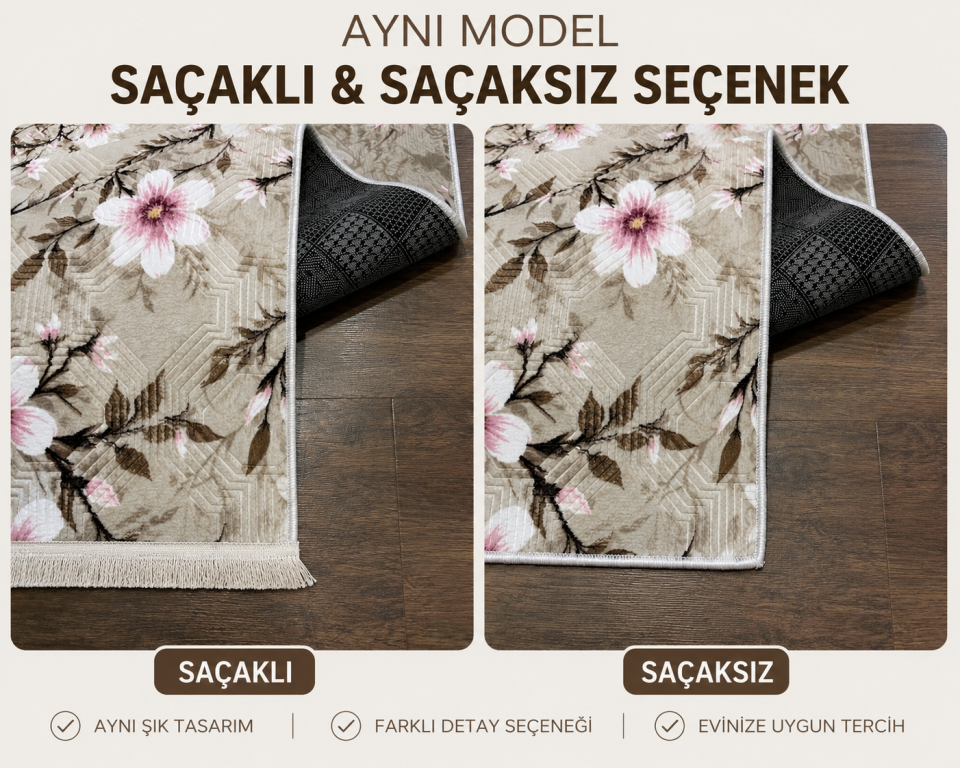 Krem Pembe Çiçekli Kabartmalı Yıkanabilir Kaymaz Taban Kesme Yolluk Salon Halısı Mutfak Halısı 80 x 500 - Pembe