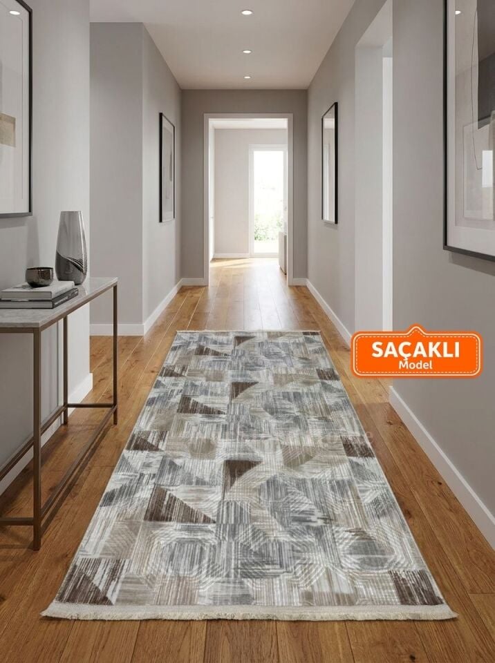 Dinar Saçaklı Gri Kahve Kaymaz Taban Yıkanabilir Kesme Yolluk Halı Modern Desen 150 x 350 - KAHVERENGİ