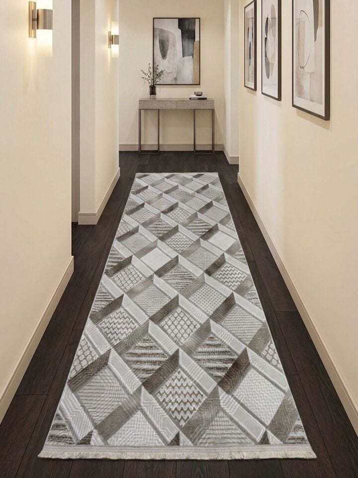 Krem Bej Saçaklı Modern Yıkanabilir Kabartmalı Kaymaz Taban Kesme Halı Yolluk 150 x 650 - YEŞİL