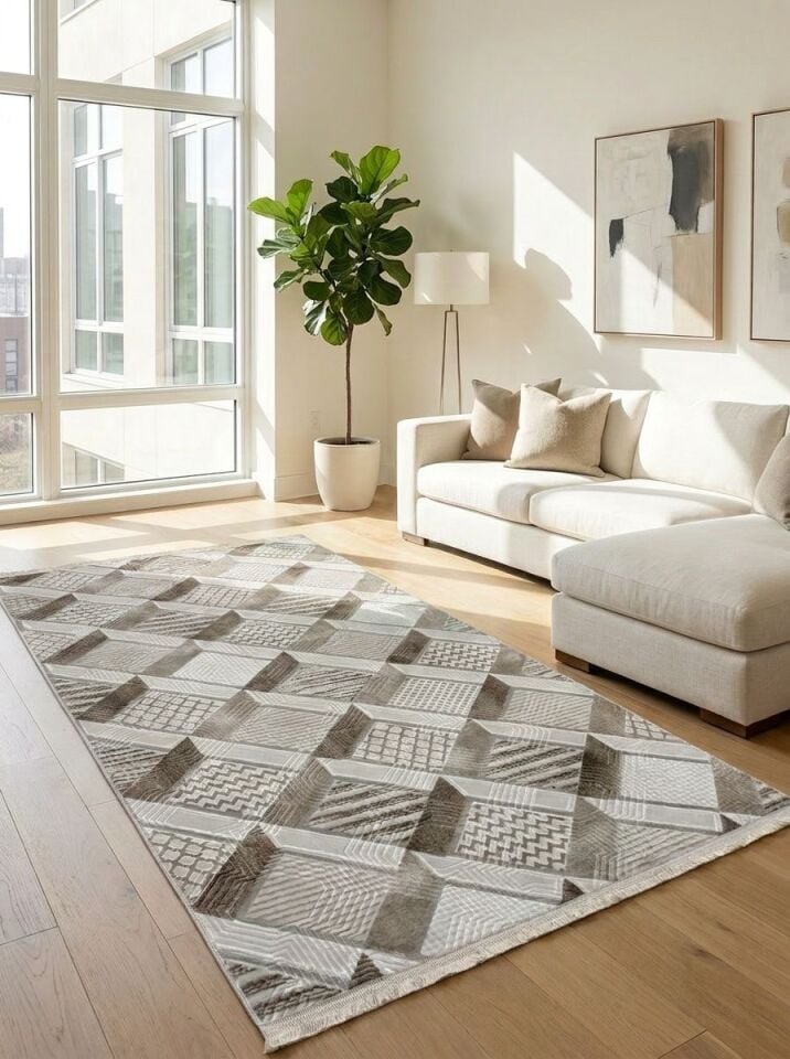 Krem Bej Saçaklı Modern Yıkanabilir Kabartmalı Kaymaz Taban Kesme Halı Yolluk 150 x 850 - YEŞİL