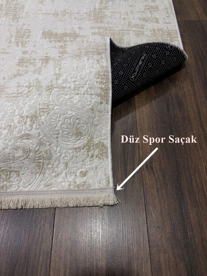 Kaymaz Tabanlı Saçaklı Yıkanabilir Leke Tutmaz Kesme Kabartmalı Salon Koridor Mutfak Halısı 80 x 525 - Krem