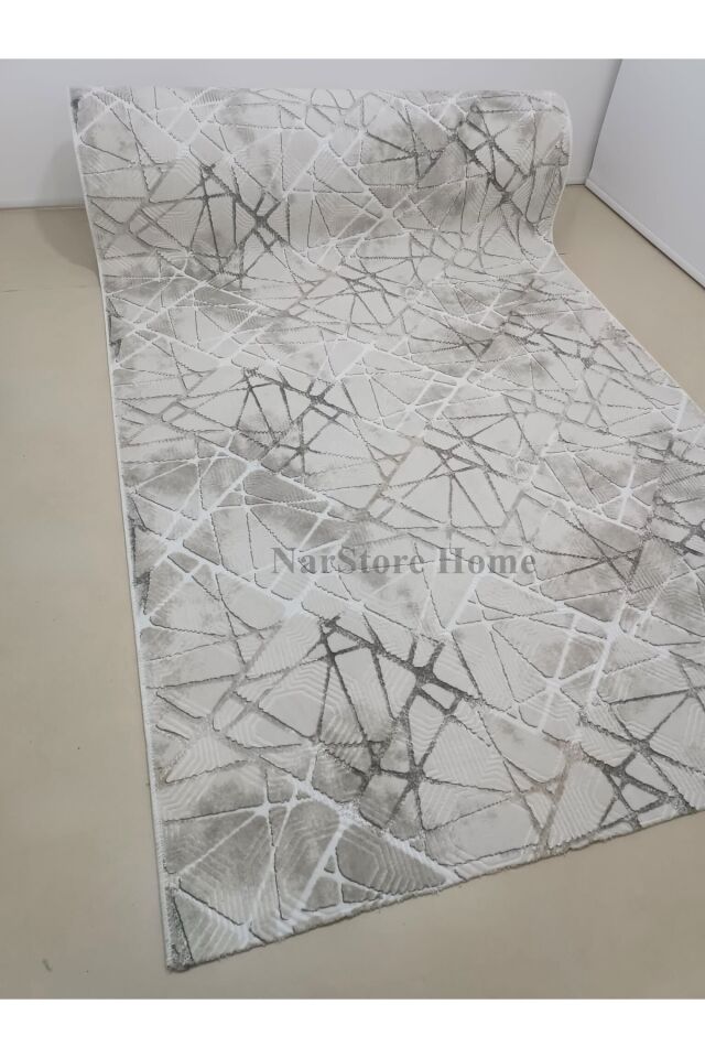 Dinar Saçaklı Mila Taş Gri Kaymaz Taban Yıkanabilir Kesme Yolluk Halı Modern Desen 120 x 450 - Gri1